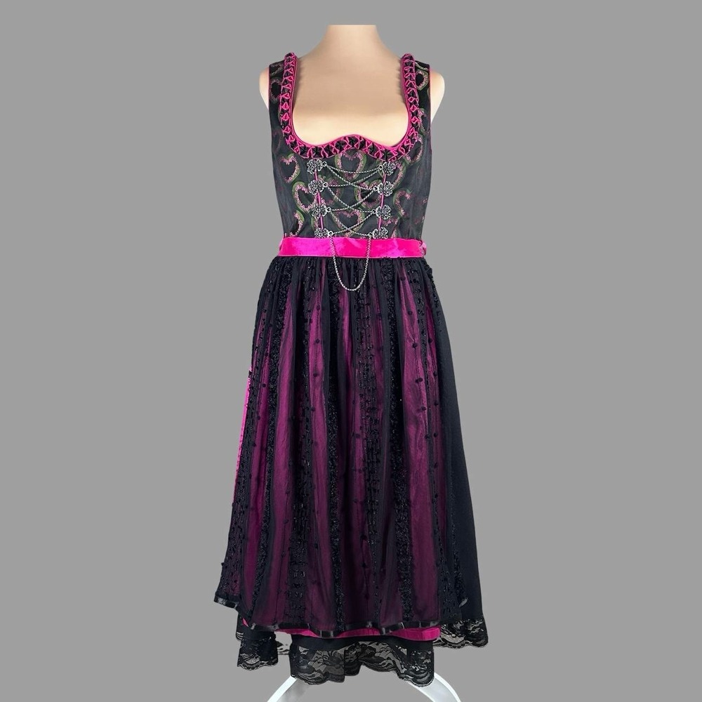 Daller Tracht Dirndl Black Pink Heart Corset Dress 38 Lace Apron Oktoberfest